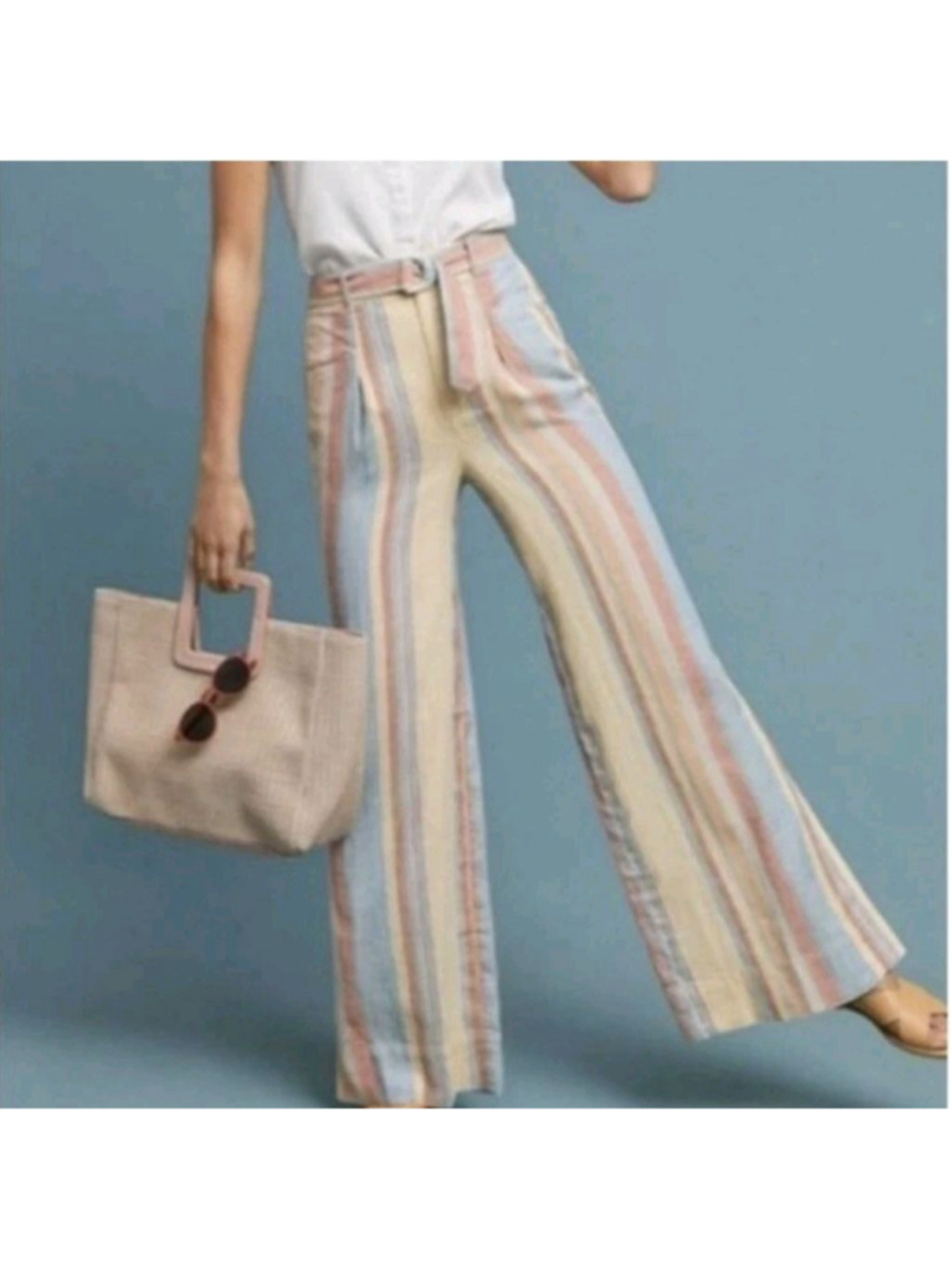 Anthropologie Linen Blend Striped Wide Leg Pants Size 4 Beige Blue Beachy